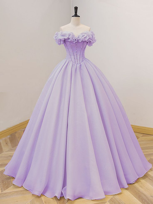 Purple A-Line Off Shoulder Long Prom Dresses, Sweet 16 Dress Y5865