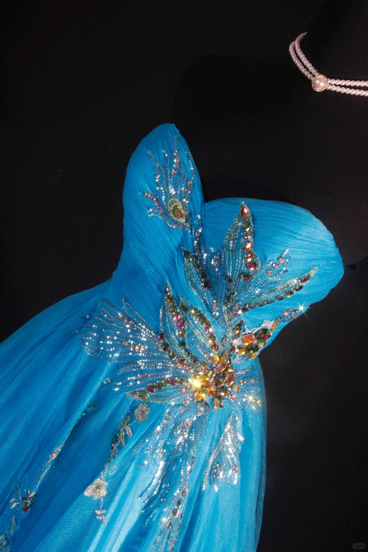 Elegant Blue Strapless Tulle Sequin Beaded Short Homecoming Dress,Mini Birthday Dress SP2834