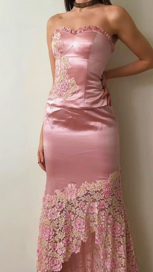 Pretty Sweetheart Neck Pink Satin Lace Appliques Mermaid Evening Dress Formal Wedding Guest Dress Two Piece SP468