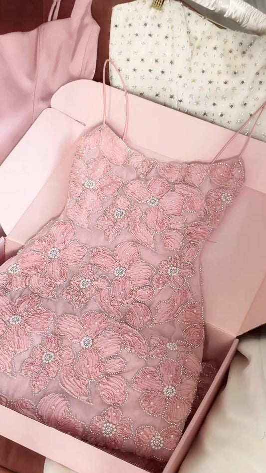 Glamorous Pink Spaghetti Straps Tulle Floral Sheath Short Birthday Outfits Formal Graduation Homecoming Dress SP2771
