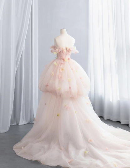 Sweet Off The Shoulder Ball Gown Light Pink  Tulle Beaded Appliques Birthday Quinceanera Dress SP1518