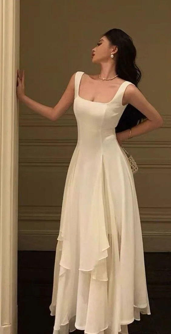 Square Neck White Asymmetric A-Line Long Evening Dress Y2786