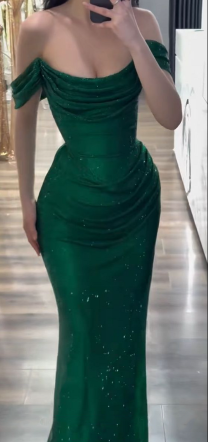 Vintage Emerald Green Off The Shoulder Sequin Slit Mermaid Party Dress Long Wedding Guest Dress SP3413