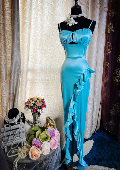 Sexy Spaghetti Straps Blue Satin Ruffles Slit Long Party Dress Formal Wedding Guest Dress SP1944