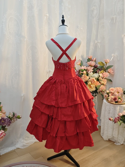 Vintage Spaghetti Straps Satin layered Beaded A Line Cocktail Dress,Red Short 7th Grade Homecoming Dress SP2708