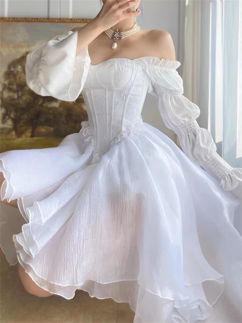 French White Tea Break Dress, Tulle Prom Dress Fairy Dress For Women, Victorian Dress, Graduation Dress, Beach Dress  Y1938