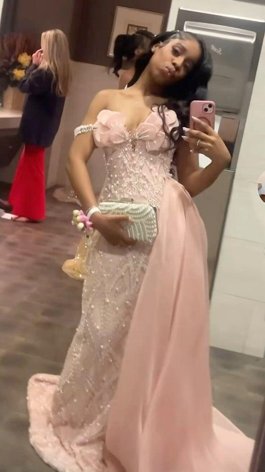 Luxurious Spaghetti Straps Pink Satin Beaded Mermaid Long Party Gown Evening Dress SP2674