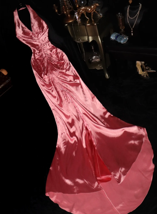 Cute V Neck Pink Halter Satin Beaded Mermaid Party Dress Long Wedding Guest Dress SP681