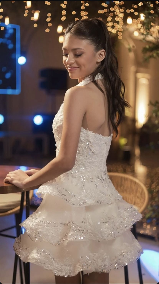 Elegant Halter Tulle Lace Sequin A Line Short Birthday Outfits,White Short 9th Grade Homecoming Dress SP2849