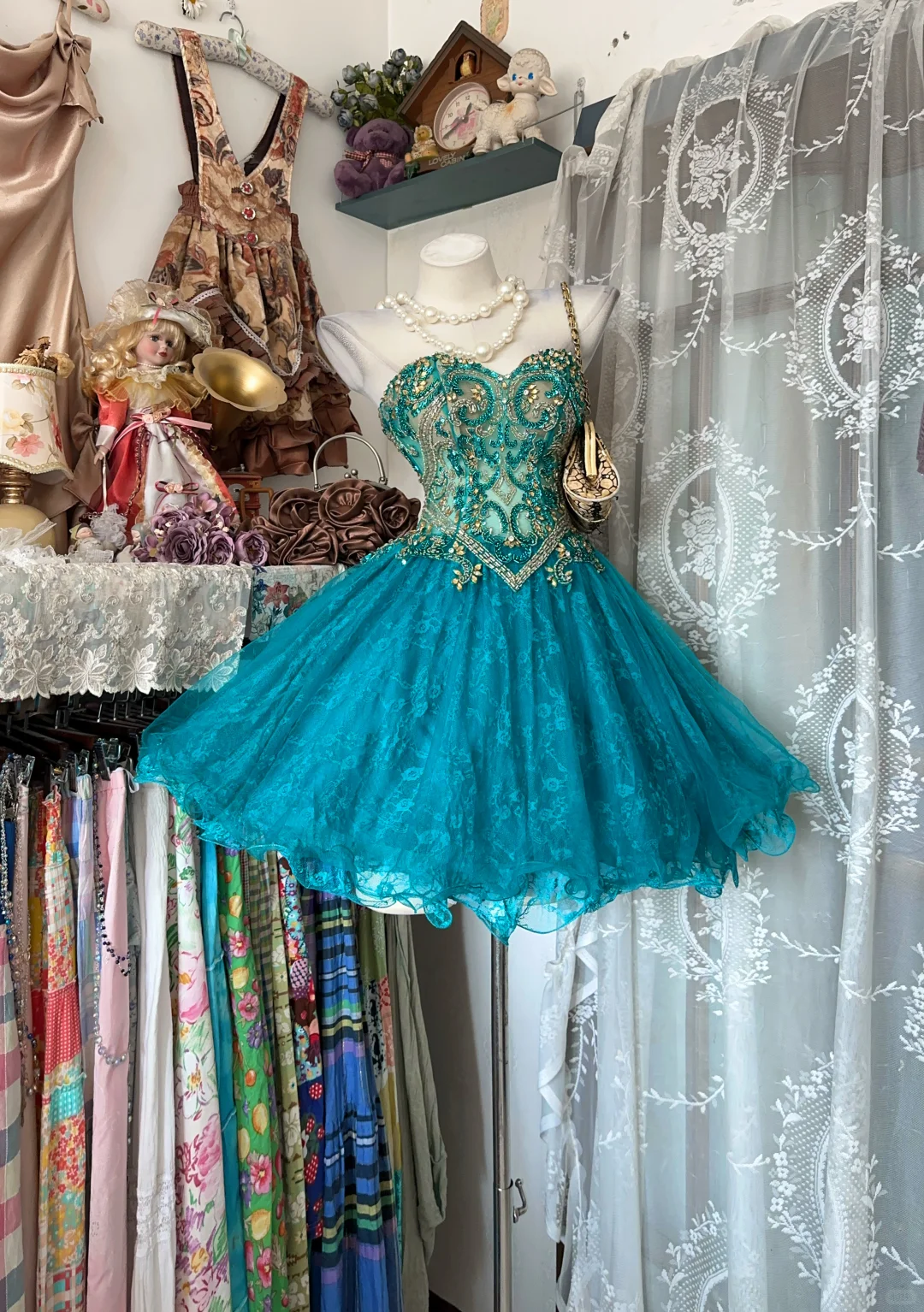 Retro Sweetheart Neck tulle Lace Beaded Short Prom Dress Peacock Blue Short Homecoming Dress SP3810