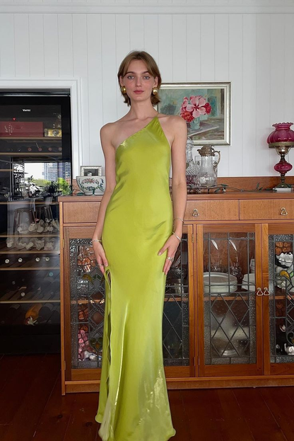 Elegant Green Sheath One Shoulder Long Party Prom Dress With Slit,Backless Evening Dress Y8550