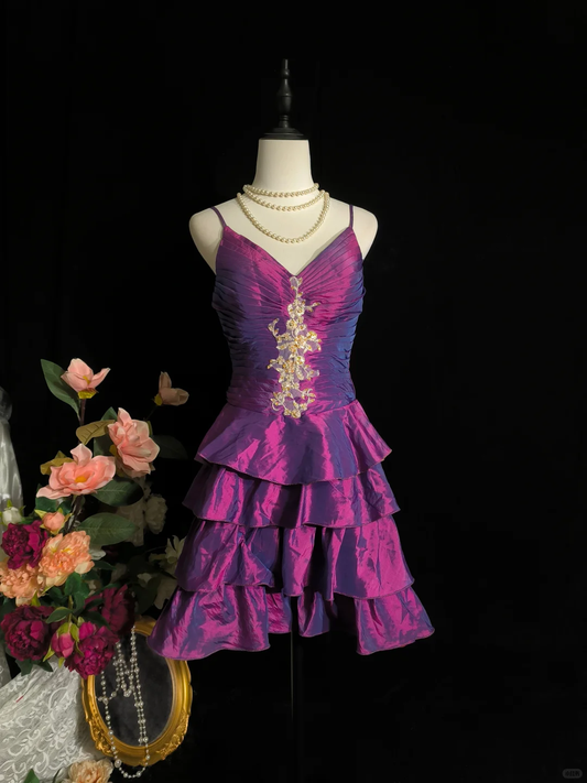 Elegant Spaghetti Straps Satin Pleated Appliques Mini Cocktail Dress,Purple Short 8th Grade Homecoming Dress SP2711