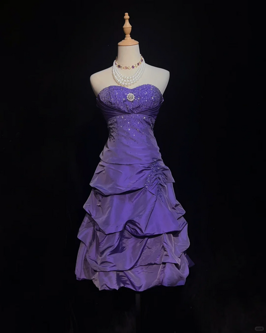 Classy Strapless Satin Pleated Beaded Mini Birthday Dress,Purple A Line Short 6th Grade Homecoming Dress SP2906