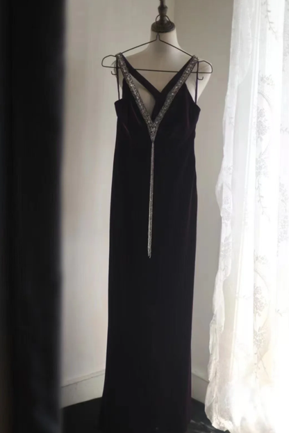 Sexy Purple V Neck Velvet Beaded Mermaid Long Wedding Guest Dress Formal Evening Dress SP1248