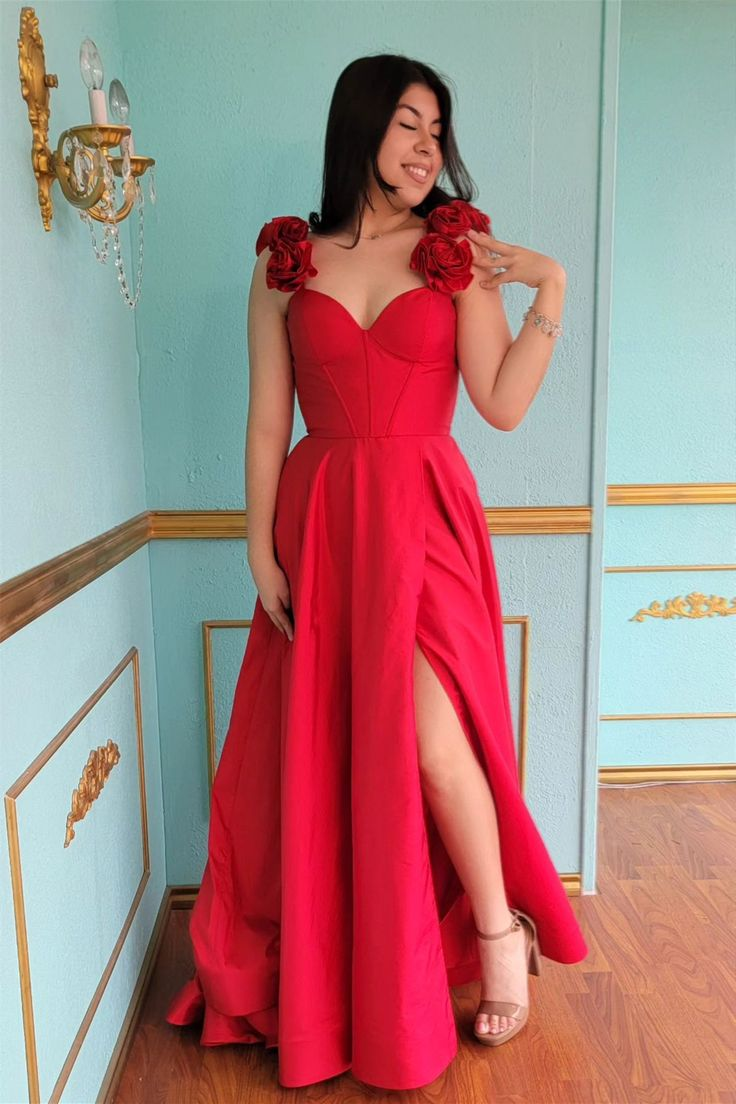 Red Floral Straps A-line Satin Long Prom Dress with Slit Y5683