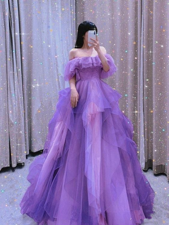 Off The Shoulder Purple A-line Tulle Evening Dress,Princess Dress Y5627