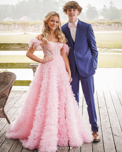 Pink Tulle Ruffled Gown,Tulle Prom Dress,Corset Tulle Evening Dress Y6093