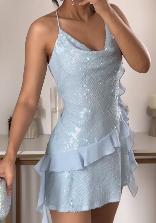 Beautiful Blue Halter Sequins Chiffon Ruffles Cocktail Dress Homecoming Dress Y8251