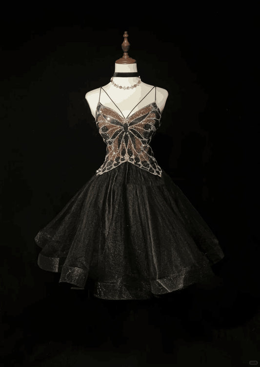 Sexy Black Tulle Beaded A Line Short 7th Grade Homecoming Dress,Spaghetti Straps Mini Prom Dress SP2922