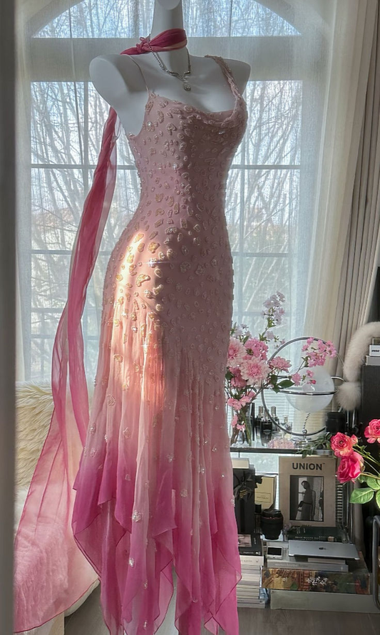 Vintage Pink Chiffon Beaded Mermaid Evening Dress Prom Dress Y8788