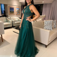 Green A-line Tulle Evening Dress,Green Prom Gown Y5650
