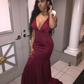 Elegant Burgundy Mermaid Evening Dress with V-neck Y6340