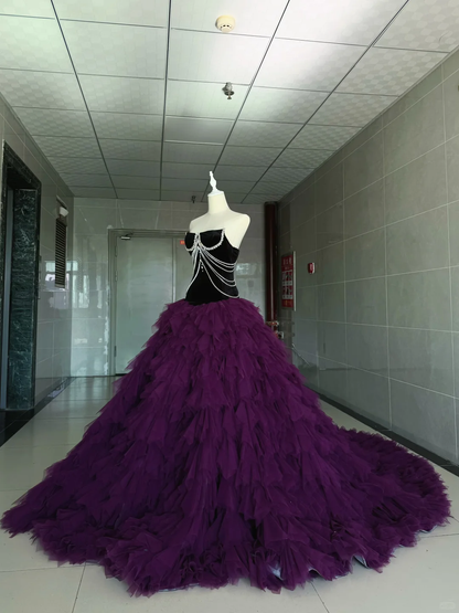 Vintage Strapless Purple Tulle Tiered Quinceanera Dress Sweet 15 16 Dress SP4225