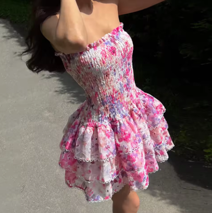 Chic Strapless Pink Print Floral A Line Homecoming Dress Mini Party Dress Y9037