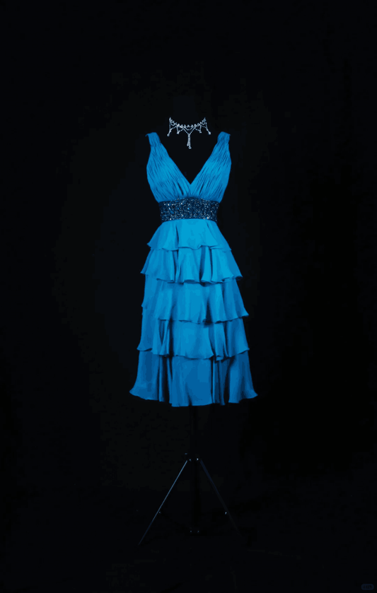 Classy Blue V Neck Satin Layered Sequin Beaded A Line Short Graduation Homecoming Dress Cocktail Dress SP2832