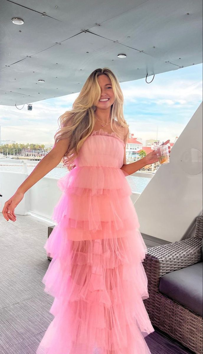 Elegant Pink Tulle Layered Long Prom Dress,Pink Evening Dress Y2303