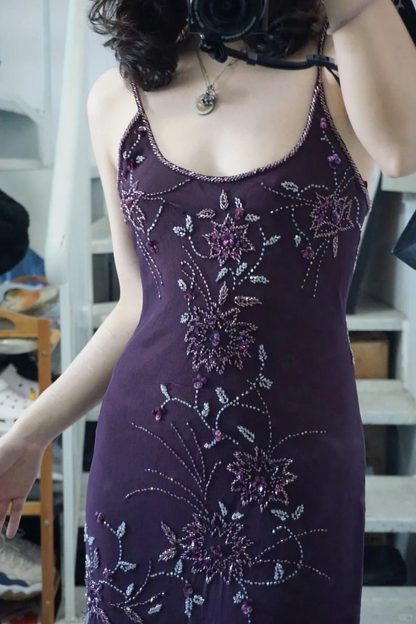 Gorgeous Spaghetti Straps Chiffon Beaded Mermaid Evening Dress Purple Long Birthday Dress SP2109