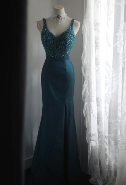 Glamorous Blue V Neck Satin Beaded Mermaid Party Dress Slit Long Wedding Guest Dress Prom Gown SP1264