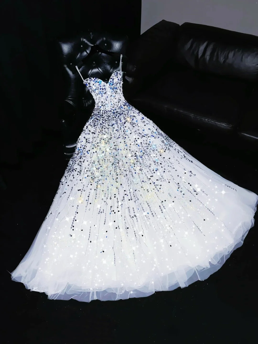 Glitter Strapless White Tulle Sequin Beaded Long Party Dress Evening Dress SP4114