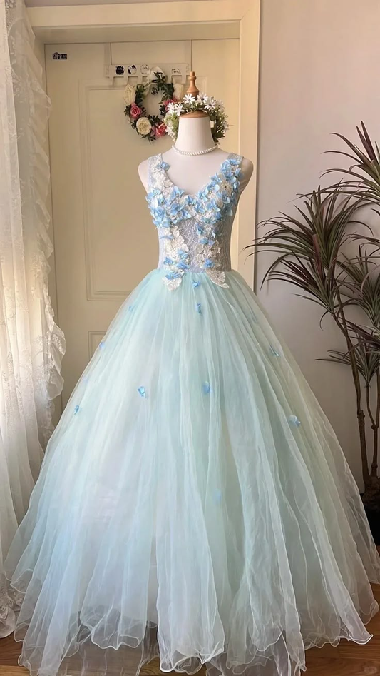 Elegant  Ball Gown Mint Green V-Neck Sleeveless Floral-Accented Long Prom Dress Evening Gowns SP2267