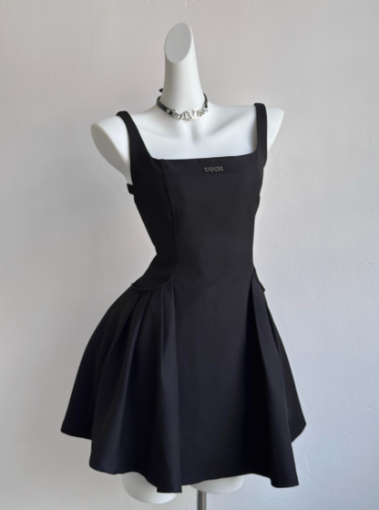 Simple Square Neck Black Satin A Line Short Birthday Dress Homecoming Dress Y9029