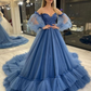 Sweetheart Neck Tulle Blue Prom Dress, Puff Sleeves Long Blue Formal Evening Dress Y6172
