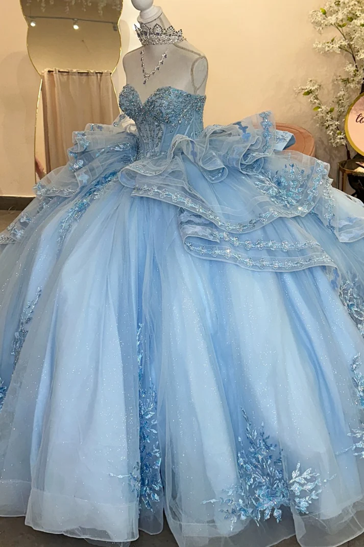 Pretty Strapless Blue Tulle Sequins Appliques Ruffles Tiered Bow Knot Sweet 15 Dress Quinceanera Dress SP571