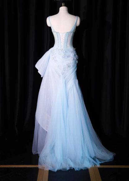Classy Spaghetti Straps Blue Tulle Beaded Mermaid Long Evening Dress Prom Dress With Butterfly SP2236