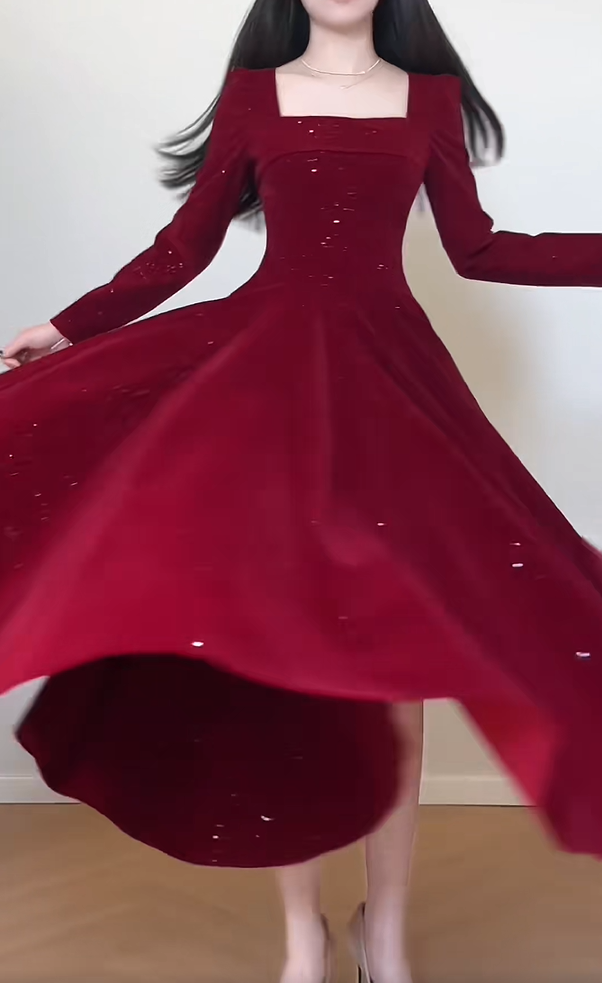 Pretty Square Neck Red Velvet Sequin A Line Birthday Outfits Formal Long Evening Gown SP623