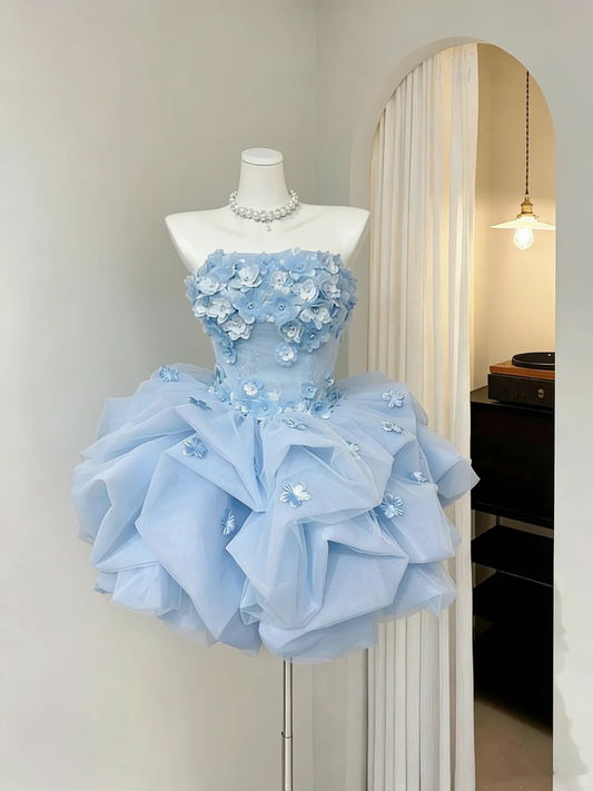 Elegant Blue Strapless Tulle Pleated Floral Short Homecoming Dress Cocktail Dress SP2628