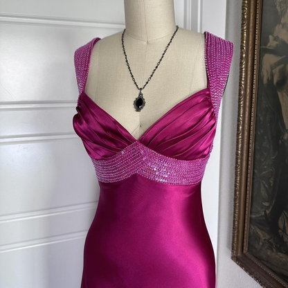 Pretty V Neck Hot Pink Satin Sequin Beaded Long Party Dress Formal Wedding Guest Dress SP996