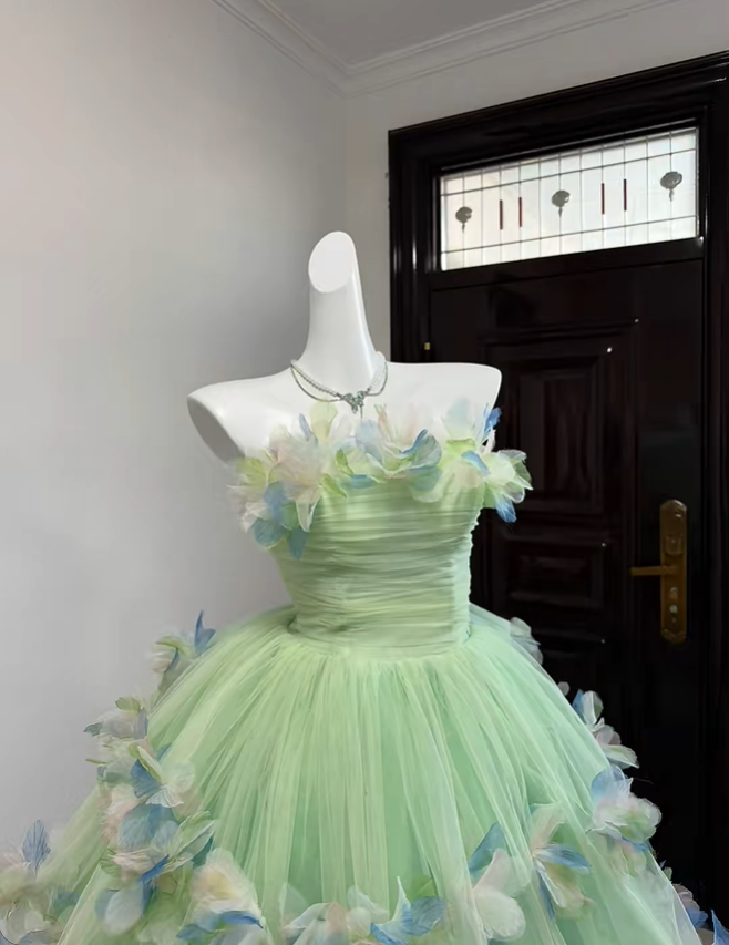 Cute Green Strapless Tulle Petals A Line Short 15th Birthday Outfits Homecoming Dress SP2811