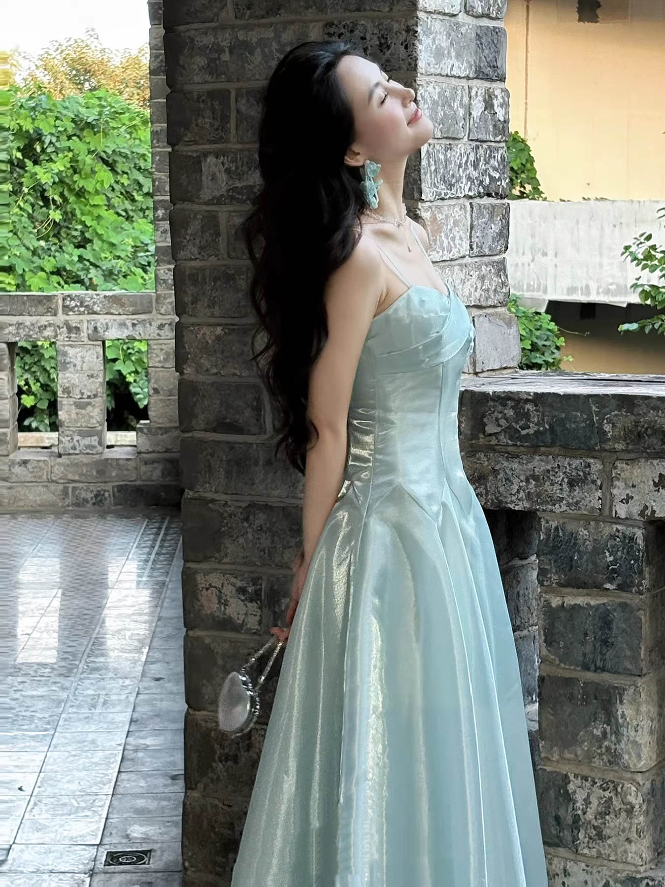 Shiny Blue Organza A Line Long Birthday Party Dress 20th Birthday Outfits SP2012