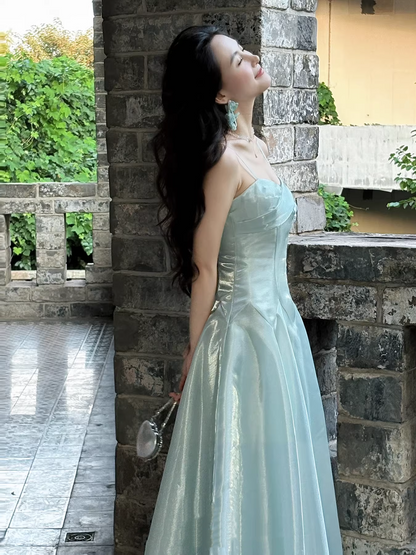 Shiny Blue Organza A Line Long Birthday Party Dress 20th Birthday Outfits SP2012