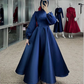 Modest Navy Blue A-line Satin Prom Dress,Muslim Dress Y6983