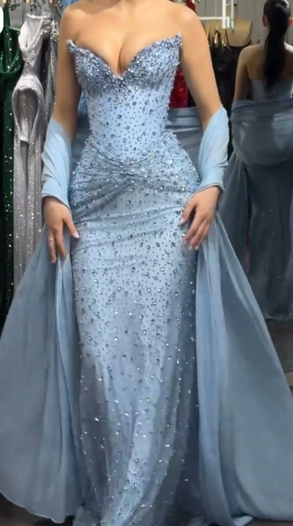 Elegant Strapless Blue Tulle Beaded Mermaid Long Prom Dress Party Dress SP3406