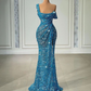 One Shoulder Sparkly Evening Dress Long Mermaid Blue Sexy Formal Dress Y6112