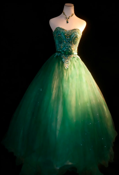 Chic Strapless Green Tulle Sequin Beaded Long Evening Dress Formal 16th Birthday Outfits SP1843