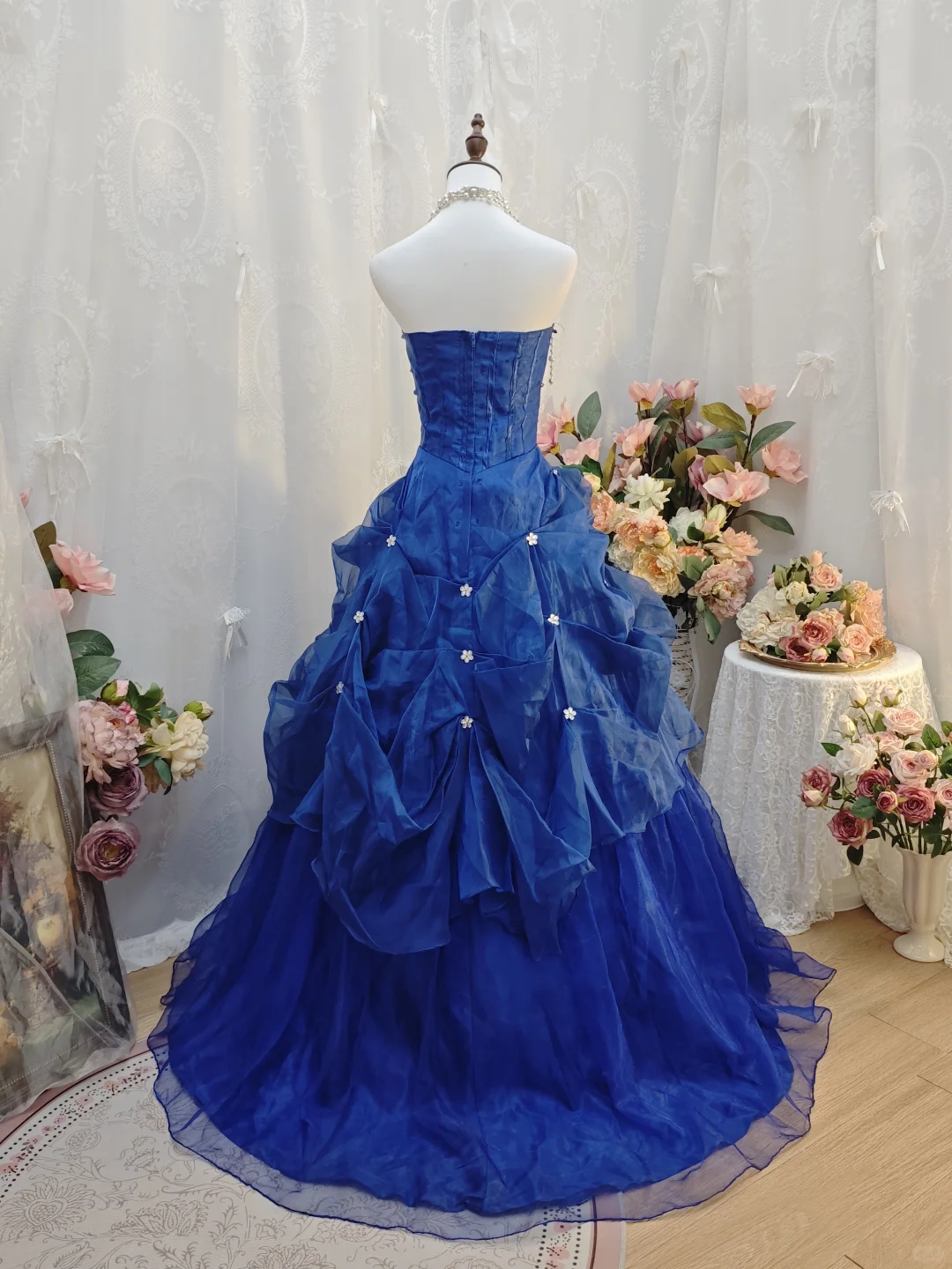 Elegant Royal Blue Ball Gown Strapless Satin Tulle Pleated Sequin Beaded Long Party Dress Birthday Dress SP2263