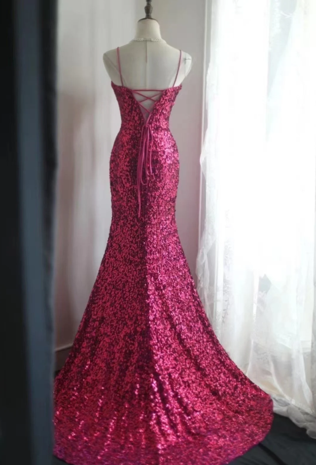 Sparkly Spaghetti Straps Hot Pink Sequin Mermaid Long Wedding Guest Dress Evening Gown SP1246